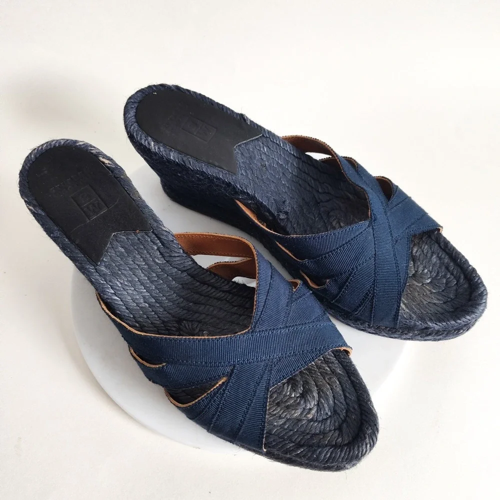 Stubbs & Wootton Sandals 37 / 6 Espadrille Wedge Blue‎ Ribbon Slip On Open Toe